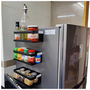 OrganizeMee Magnetic shelves Magnetic rack for fridge [25 X 12 Cm] Wall Mount Spice Rack, Bottle Holder for Fridge, Washing Machine,Microwave Organizer, Fridge side storage rack (Black Qty:1)