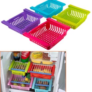 Expandable Fridge Storage Basket Under Shelf Fridge Organiser Rack Space Saver Refrigerator Sliding Drawers, Plastic, Random Colours – Multicolor – 4 Pieces