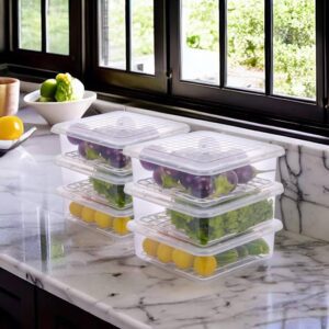 Plastic Multi-Purpose Food Storage Container With Removable Drain Plate And Lid,Stack-Able Freezer Storage Containers To Keep Fresh For Vegetables,Fruits,Fish,Meat,Transparent,2500 Ml Set Of 6