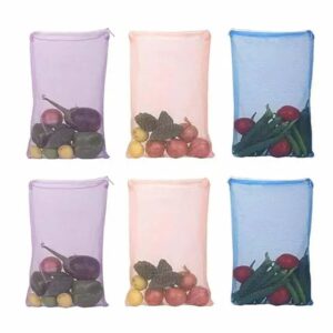 Clazkit Set Of 6 Reusable Fridge Storage Bags For Vegetables and Fruits Dual Layer Mesh Net Multipurpose Multi-Size Kitchen Storage Bags Organizer with Sturdy Zipper