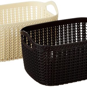 Kuber Industries Unbreakable Multipurpose Storage Basket With Handles|Medium Size & Flexible Plastic |Fruit/Vegetable/Bathroom/Home Basket, Pack of 2(Brown & Cream) -CTKTC39079,Rectangular