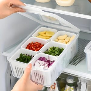 LEAWALL Plastic Leawall Fridge Storage Boxes Freezer Storage Containers,Container for Kitchen Storage Set,Storage in Kitchen,Draining Crisper Refrigerator Food Box (6 Detachable Small Boxes),Clear
