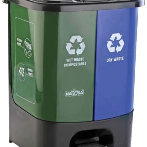 Nayasa 2-in-1 Pedal Dustbin – 19 L (9.5 L Each) | Dual Compartment Wet & Dry Waste Bin with Detachable Inner Bins | Hygienic Plastic Pedal Bin | Green & Blue