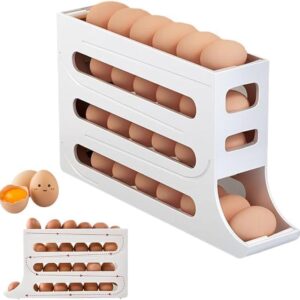 Plastic Automatic Rolldown Refrigerator 4 Tier Rectangular Egg Rolling Dispenser, Holds Up To 30 Eggs, Holder For Fridge Storage – (WHITE)