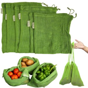 VOLTURI 100% Cotton Vegetable Bags for Fridge Storage (Pack of 6), Eco-Friendly Natural Cotton Mesh Net Fridge Storage Bags with Drawstrings for Vegetables & Fruits, Food-Safe, Biodegradable, Reusable